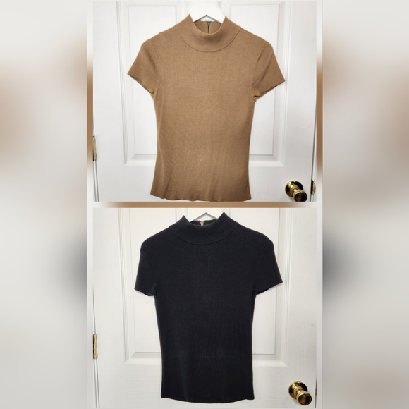 Adrienne Vittadini Set Of 2 Mock Neck Short Sleeve Top Beige And Black Small - Picture 1 of 14